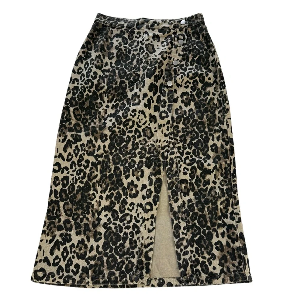 Mable Leopard‎ Print Button Closure Front Slit Asymmetrical Midi Skirt Medium